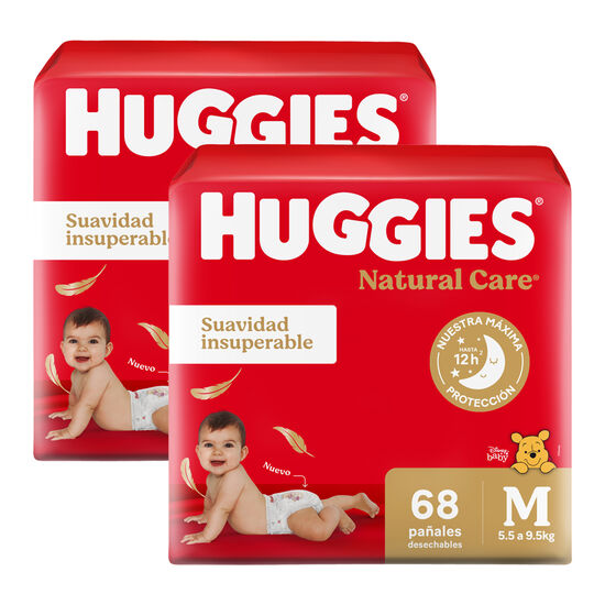 Pañales Premium Huggies Natural Care M Más Suave 68 Ud Pack x2